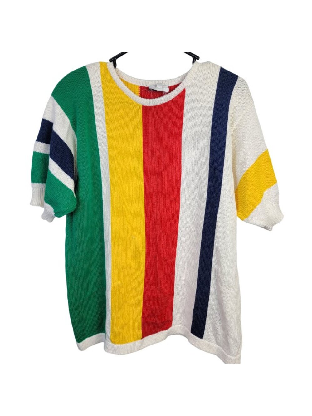 Vintage 80s Sweater Shirt Women Large Knit Primary Stripe Top 12 Cream Blue Red